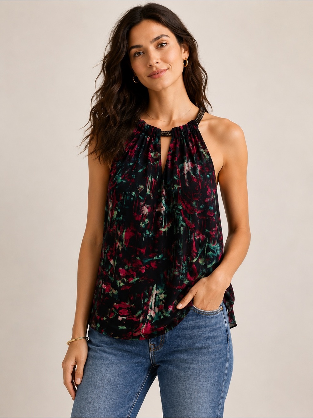 Thalia Sodi Floral Halter Top Size Medium Black Pink Keyhole Neck Sleeveless